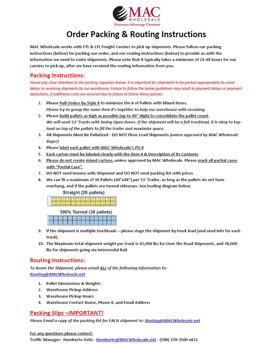 MAC Wholesale Order Packing & Routing Instructions